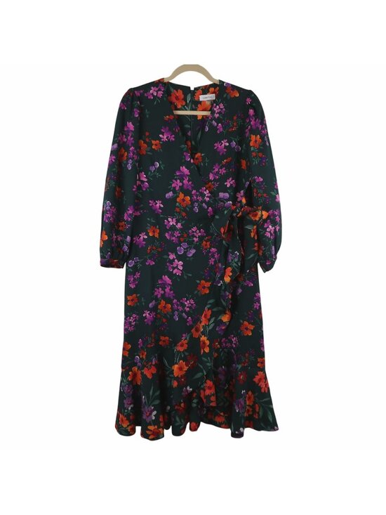 Calvin Klein Dresses & Skirts - Calvin Klein 10 Floral Wrap Midi Dress Green Purple Orange Long Sleeve Fit Flare
